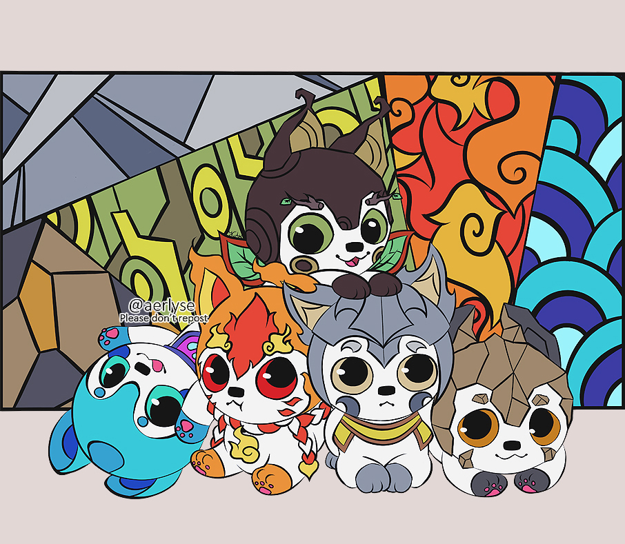 Dibujo de cinco Inu Hariko representando los elementos